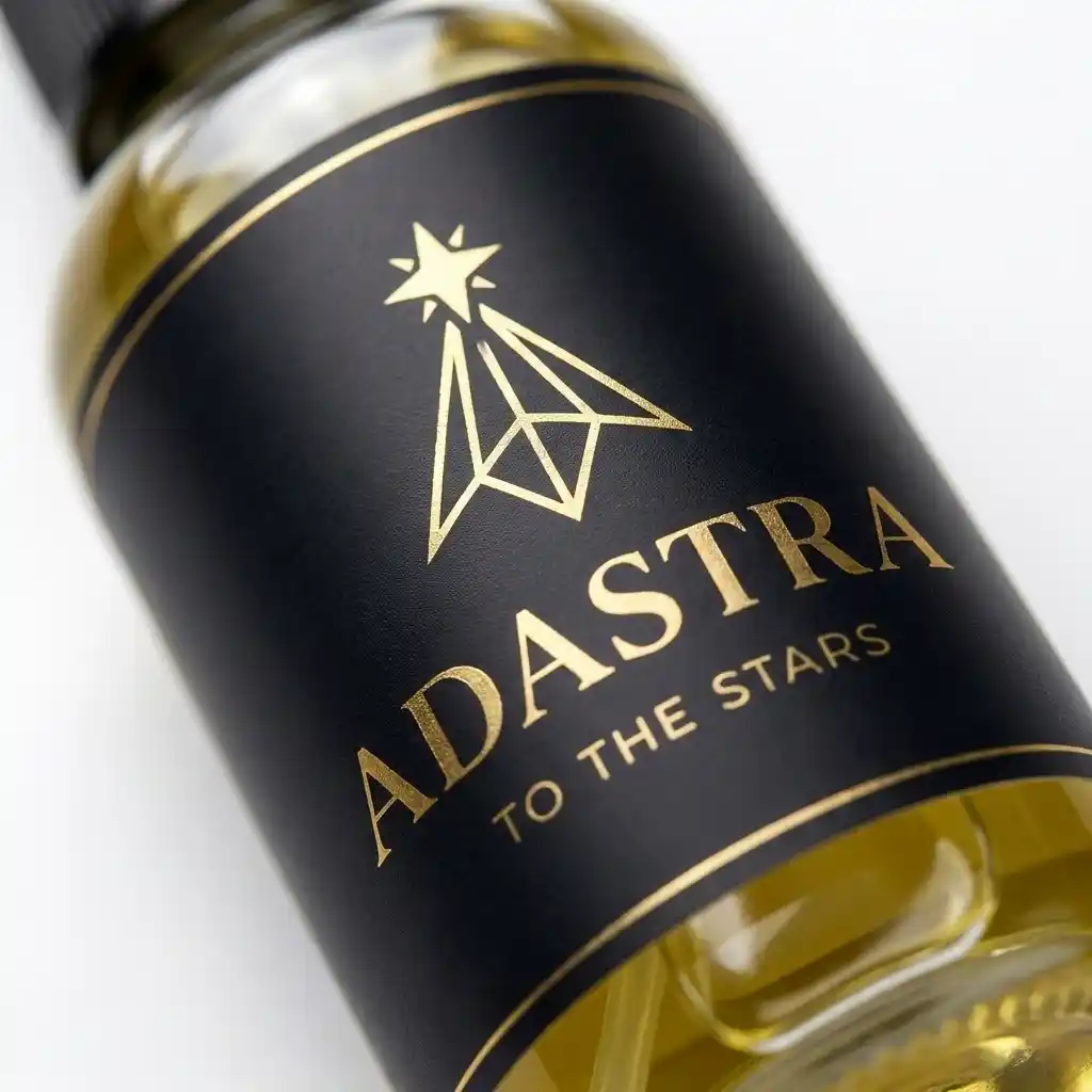 Detajl etikete Adastra — zlat tisk na črni podlagi